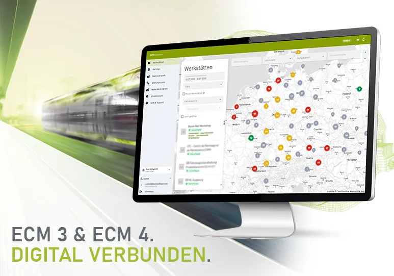 Monitor zeigt eine Weltkarte auf der Werkstätten mittels Pins eingezeichnet sind.